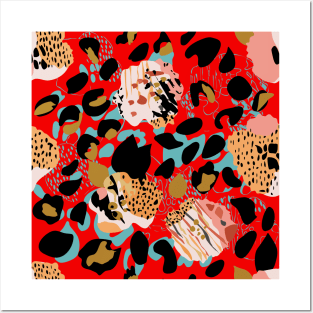 Modern abstract rose and leopard texture red Posters and Art